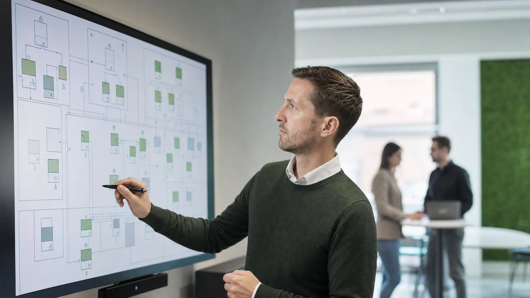 IT-Architekt plant eine Systemlandschaft an einem großen Bildschirm mit Diagrammen