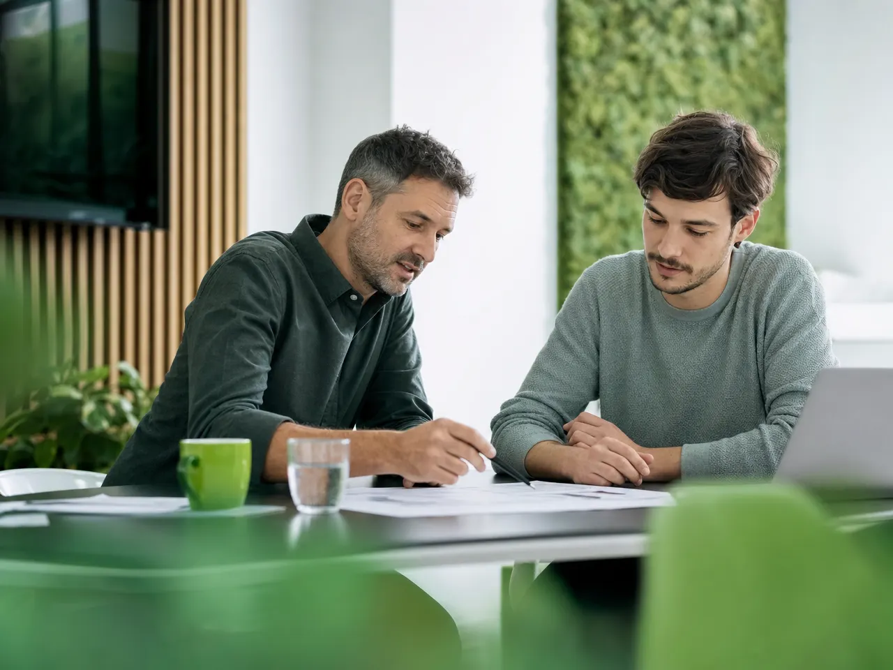 IT-Berater und Kundin besprechen einen Fahrplan an einem Tisch mit Unterlagen