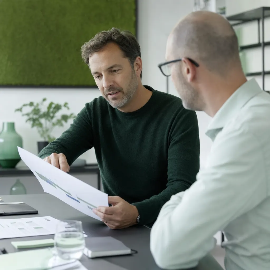 IT-Berater und Kunde besprechen einen Fahrplan an einem Tisch mit Unterlagen