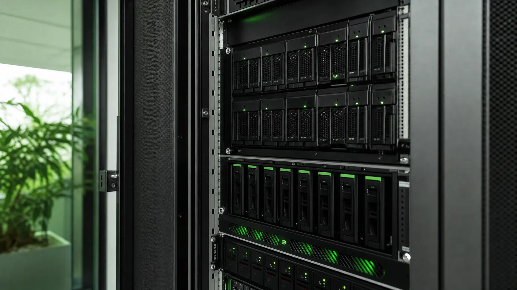 Backup-Storage im Serverschrank mit ruhiger grüner Statusbeleuchtung