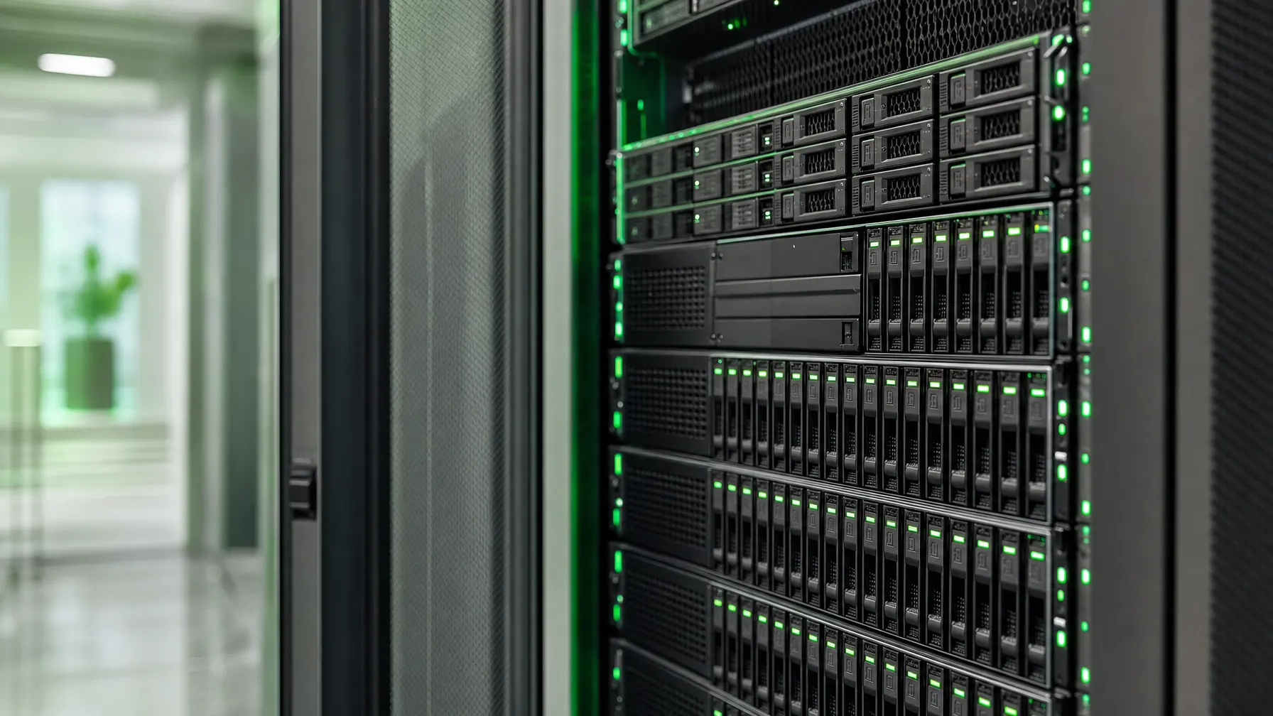 Backup-Storage-System im Serverschrank mit grünen Statusanzeigen