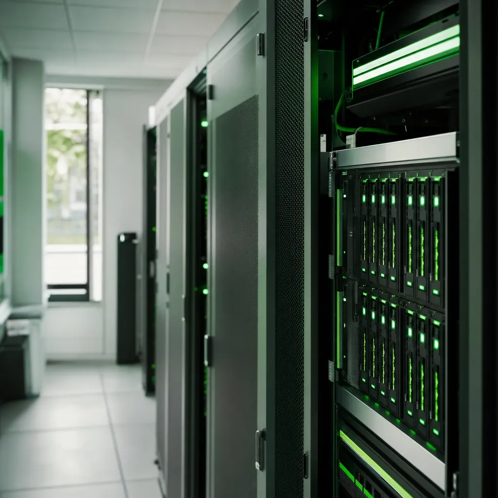 Serverraum mit automatisiertem Backup-System und grünen Statusanzeigen