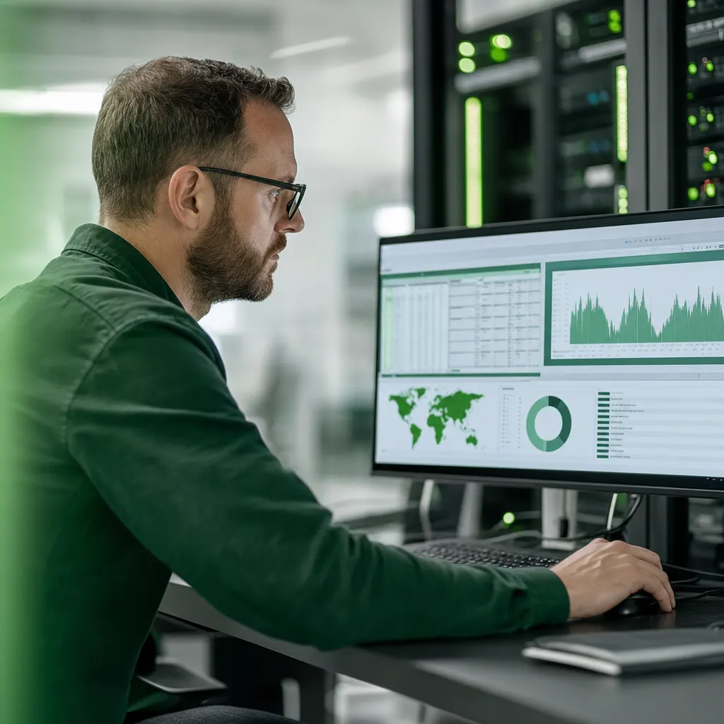 IT-Sicherheitsexperte führt ein Audit an einem Monitor mit Analyse durch