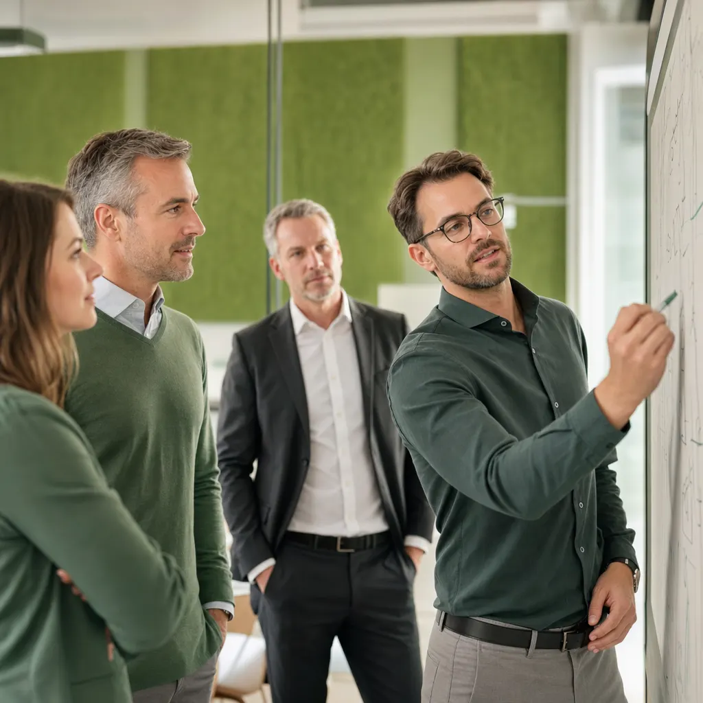 IT-Berater und Geschäftsführung im Strategie-Workshop an einem Whiteboard