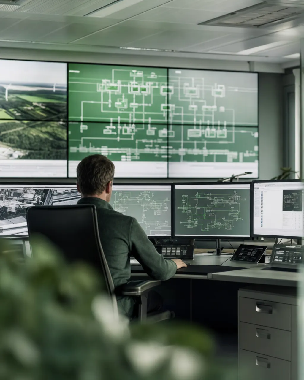 Leitwarte der Energiebranche mit Monitorwand und Netzwerktechnik