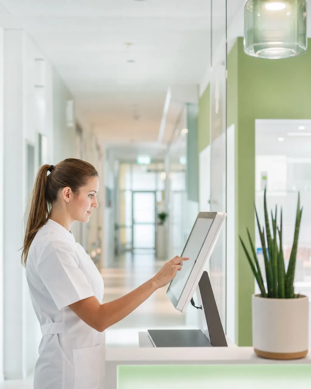 Heller Praxisflur mit digitalem Terminal im Gesundheitswesen