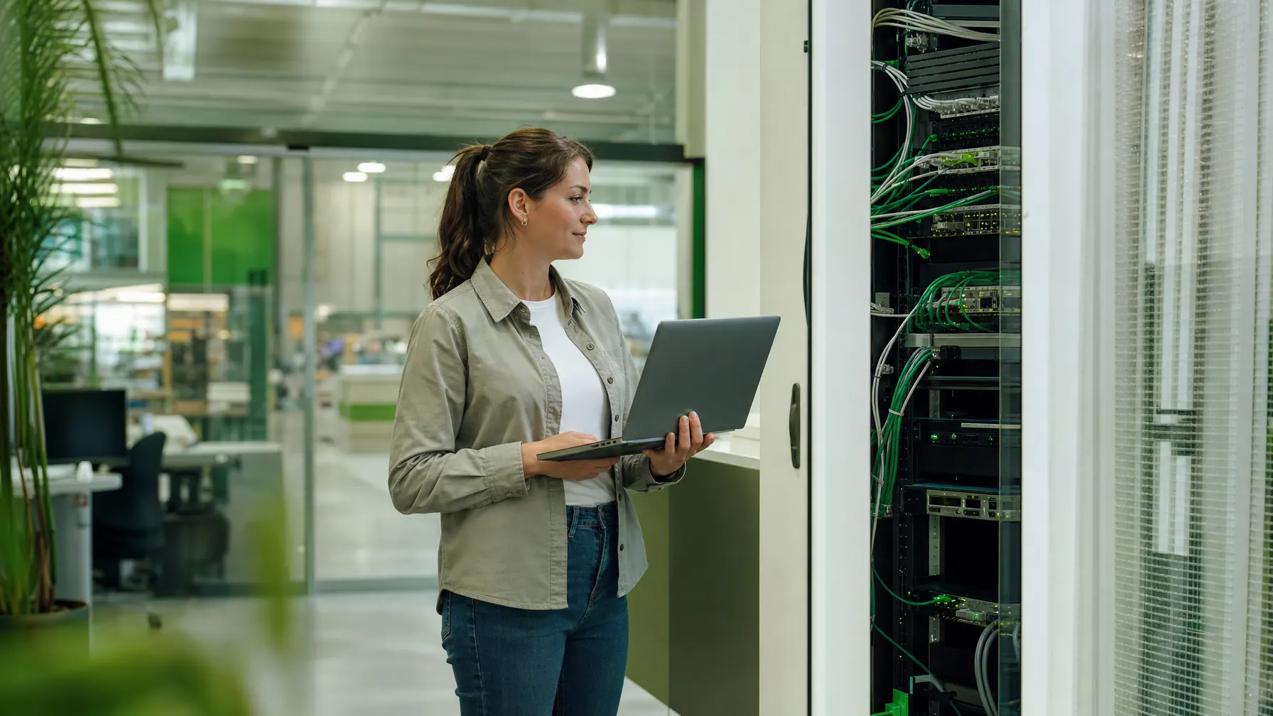 IT-Technikerin mit Notebook vor einem Netzwerkschrank in einem Gewerbegebäude