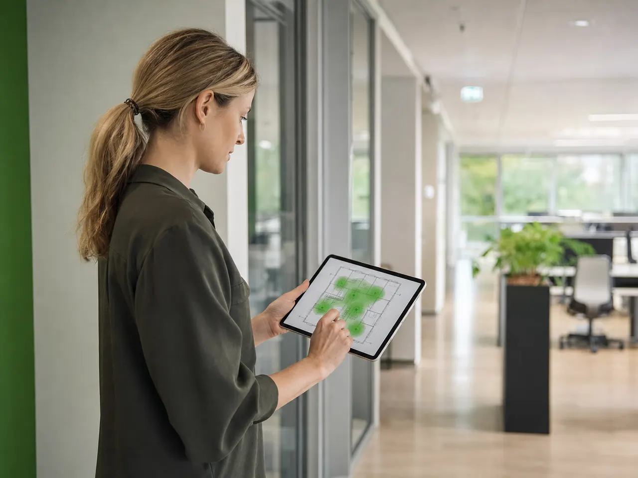 IT-Technikerin misst die WLAN-Ausleuchtung in einem Bürogebäude mit Tablet und Grundriss