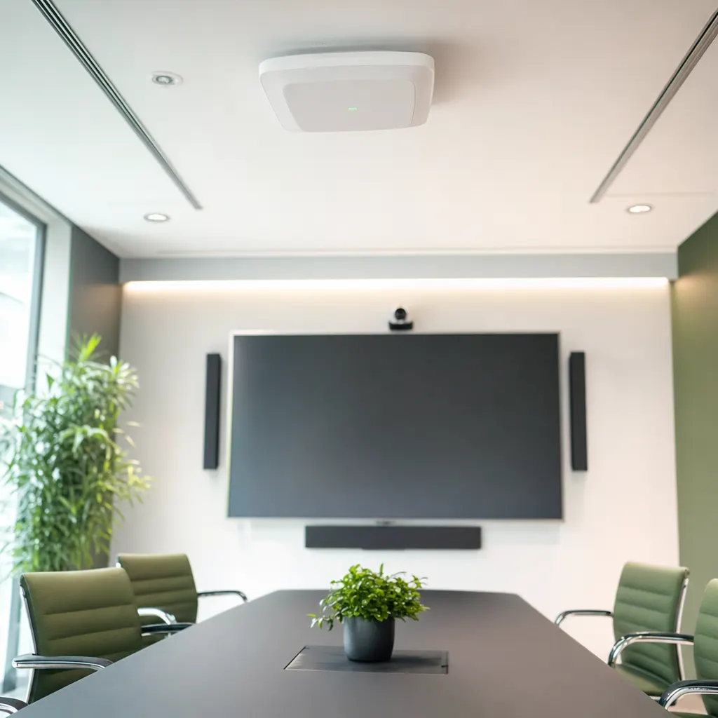 Access Point an der Decke eines Besprechungsraums mit Videokonferenztechnik