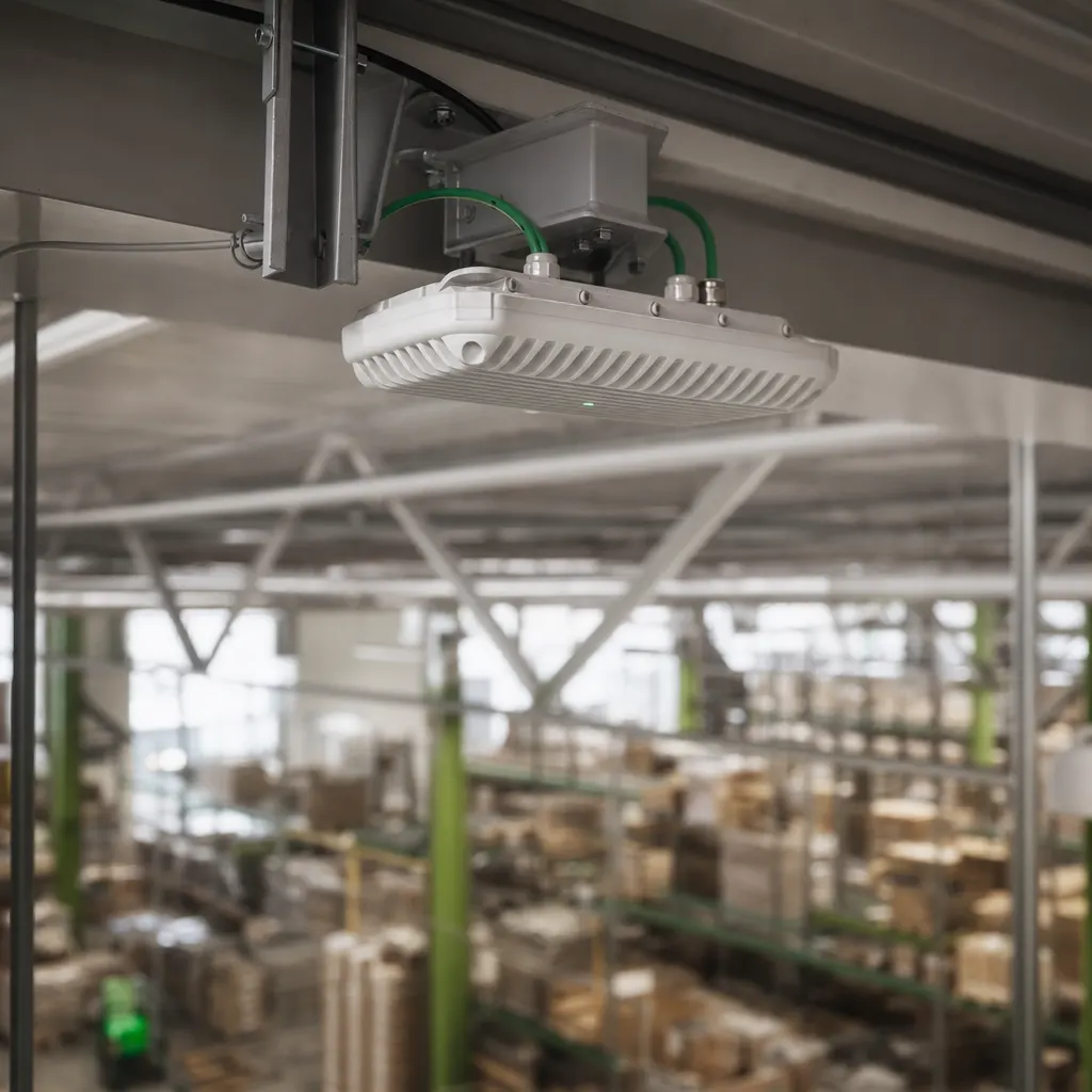 Robuster Access Point mit Netzwerktechnik in einer hohen Lagerhalle mit Regalreihen