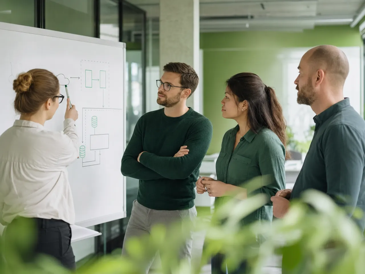 IT-Fachkräfte planen einen Cloud-Umzug gemeinsam am Bildschirm