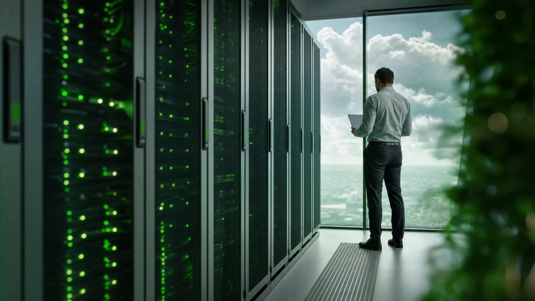 Serverschränke mit Cloud-Infrastruktur und grün leuchtenden Statusanzeigen