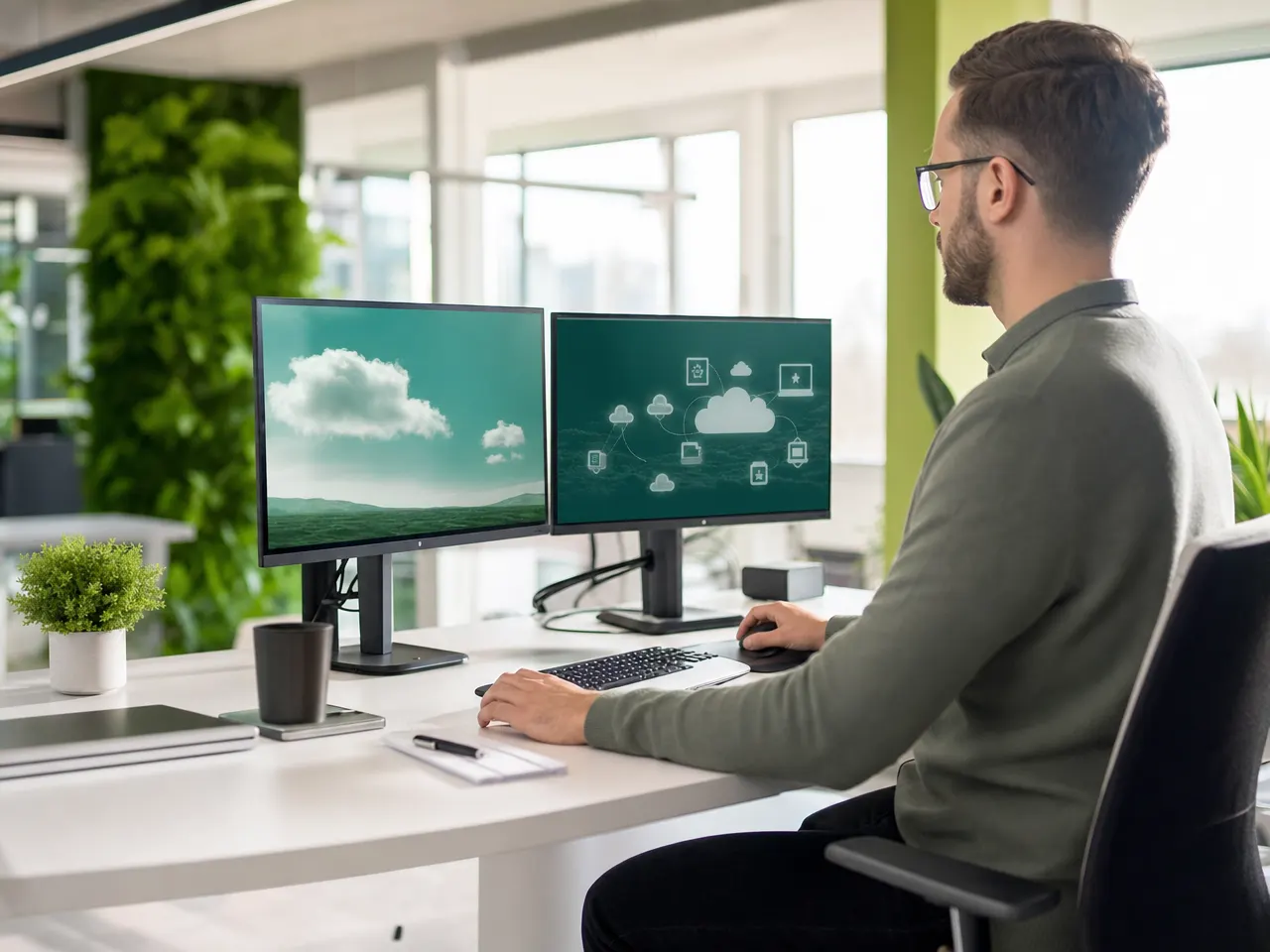 Aufgeräumter Büroarbeitsplatz mit Cloud-Anwendungen auf zwei Bildschirmen