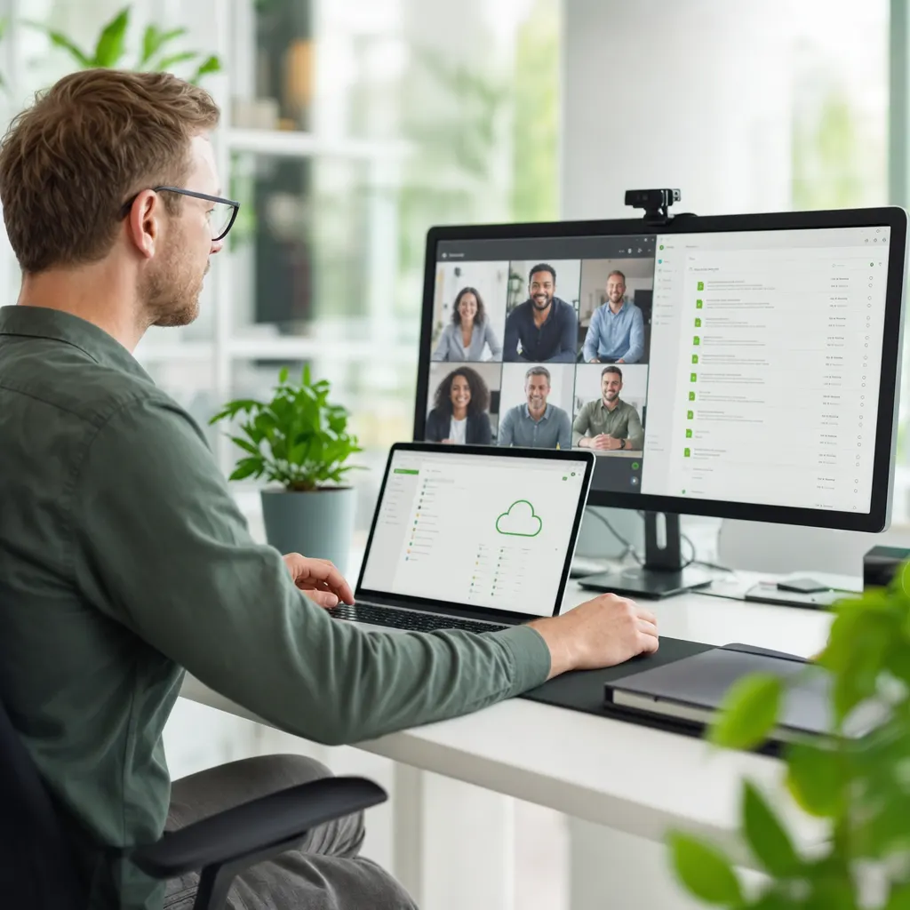 Mitarbeiterin arbeitet mobil am Laptop mit Zugriff auf Firmendaten