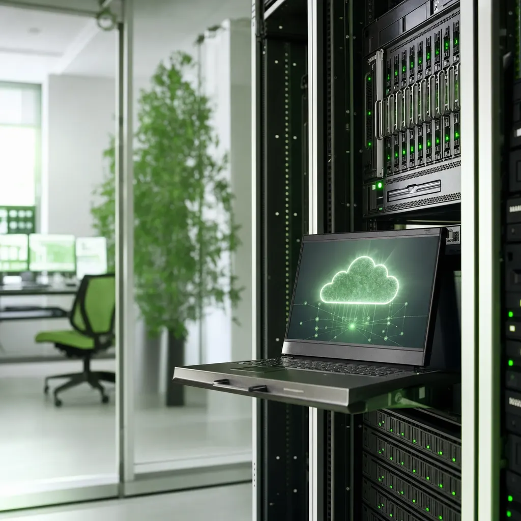 Serverschrank mit Netzwerktechnik und grüner Statusbeleuchtung