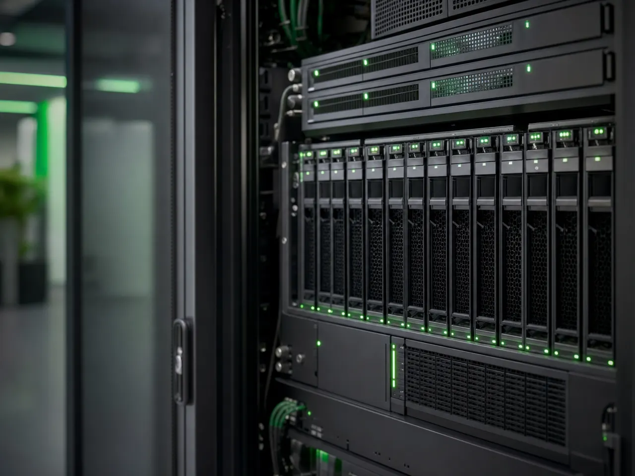Backup-System im Serverschrank mit grünen Statusanzeigen im laufenden Betrieb