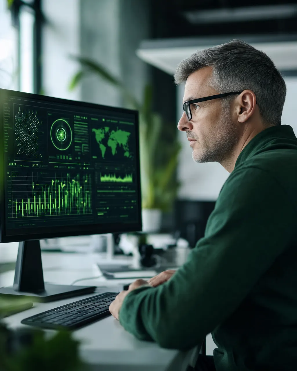 IT-Sicherheitsexpertin prüft Sicherheitsmeldungen an einem Monitor