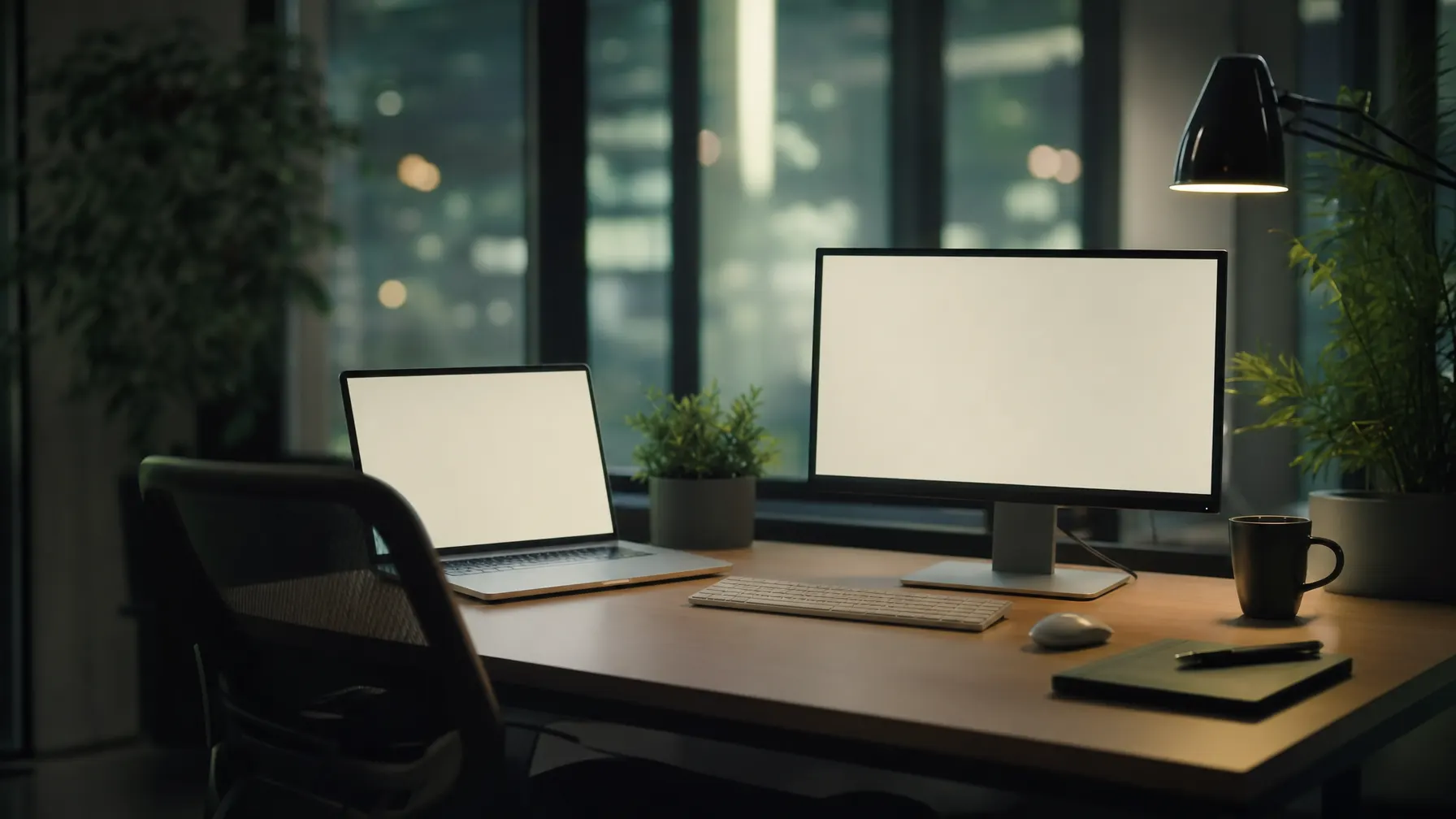 Arbeitsplatz mit Notebook und Monitor in einem abgedunkelten Büro