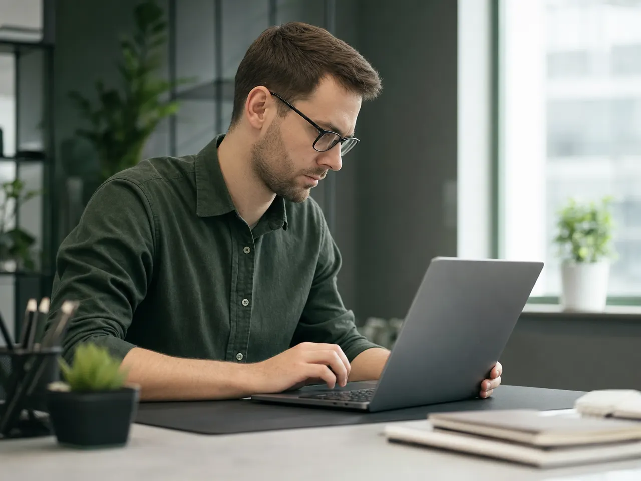 IT-Mitarbeiter richtet ein Firmen-Notebook mit Verwaltungssoftware ein