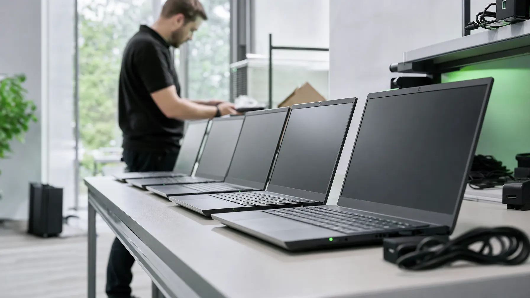 Reihe vorbereiteter Business-Notebooks bei der Einrichtung im IT-Bereich