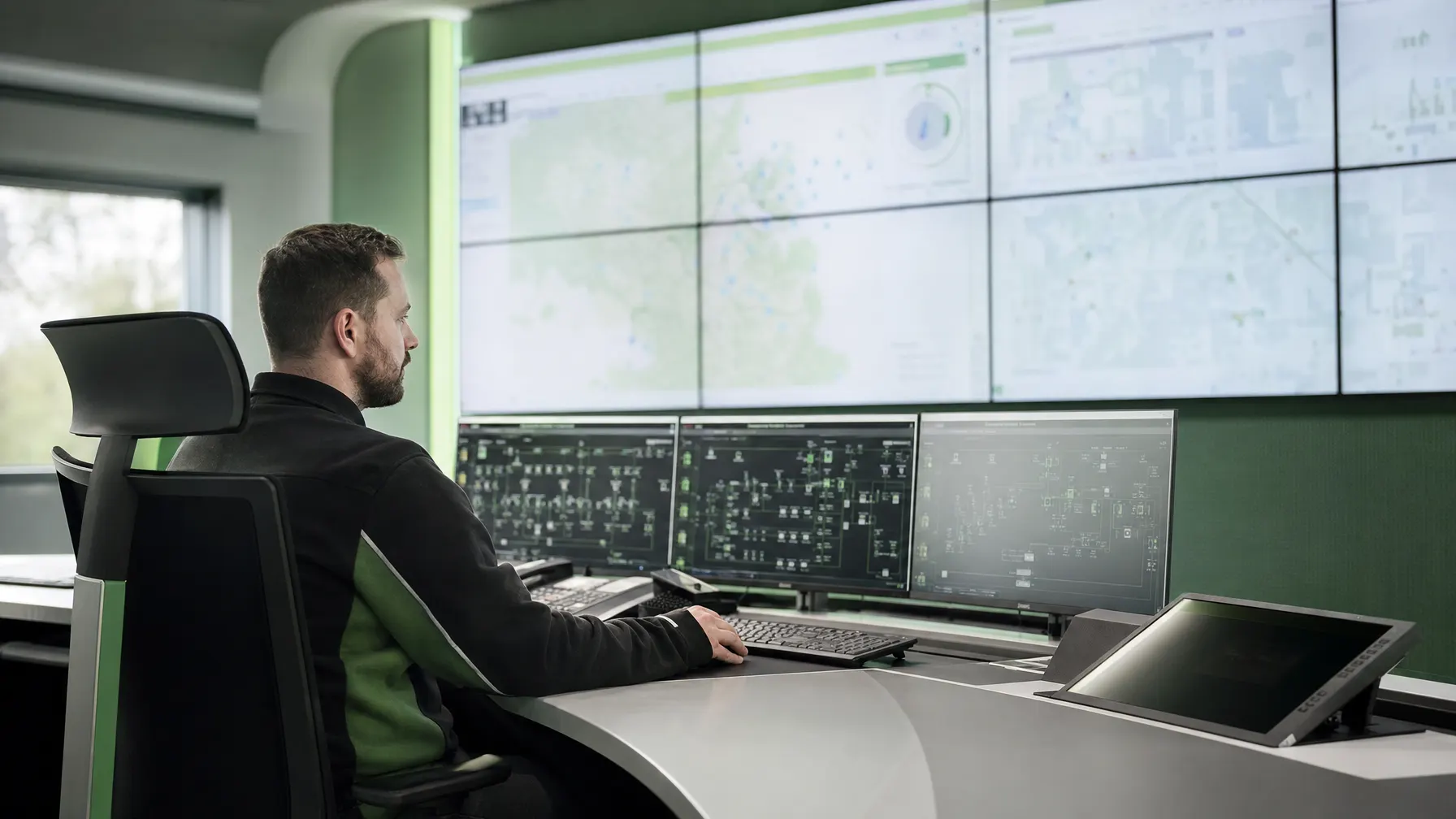 Leitwarte mit Monitorwand und Netzwerktechnik in der Energieversorgung