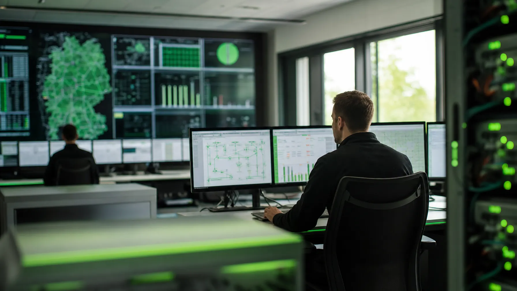 Leitwarte der Energieversorgung mit Monitorwand und Netzwerktechnik