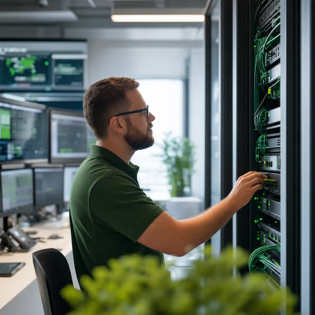 Netzwerktechnik und Firewall-Systeme im Technikraum einer Leitwarte