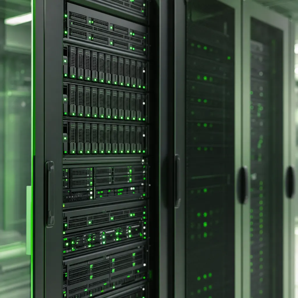 Redundante Serverinfrastruktur mit grünen Statusanzeigen im Rack