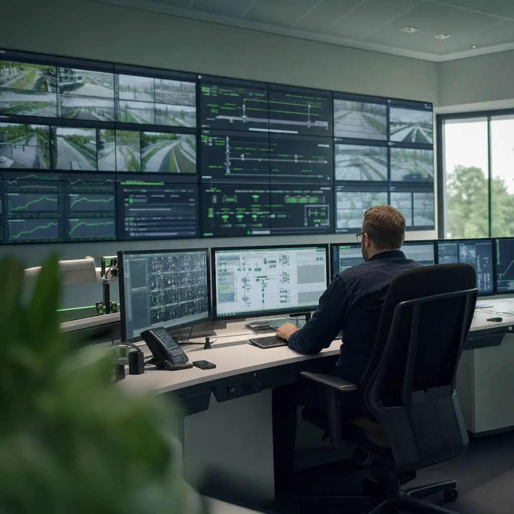 Monitorwand einer Leitwarte mit laufender Systemüberwachung