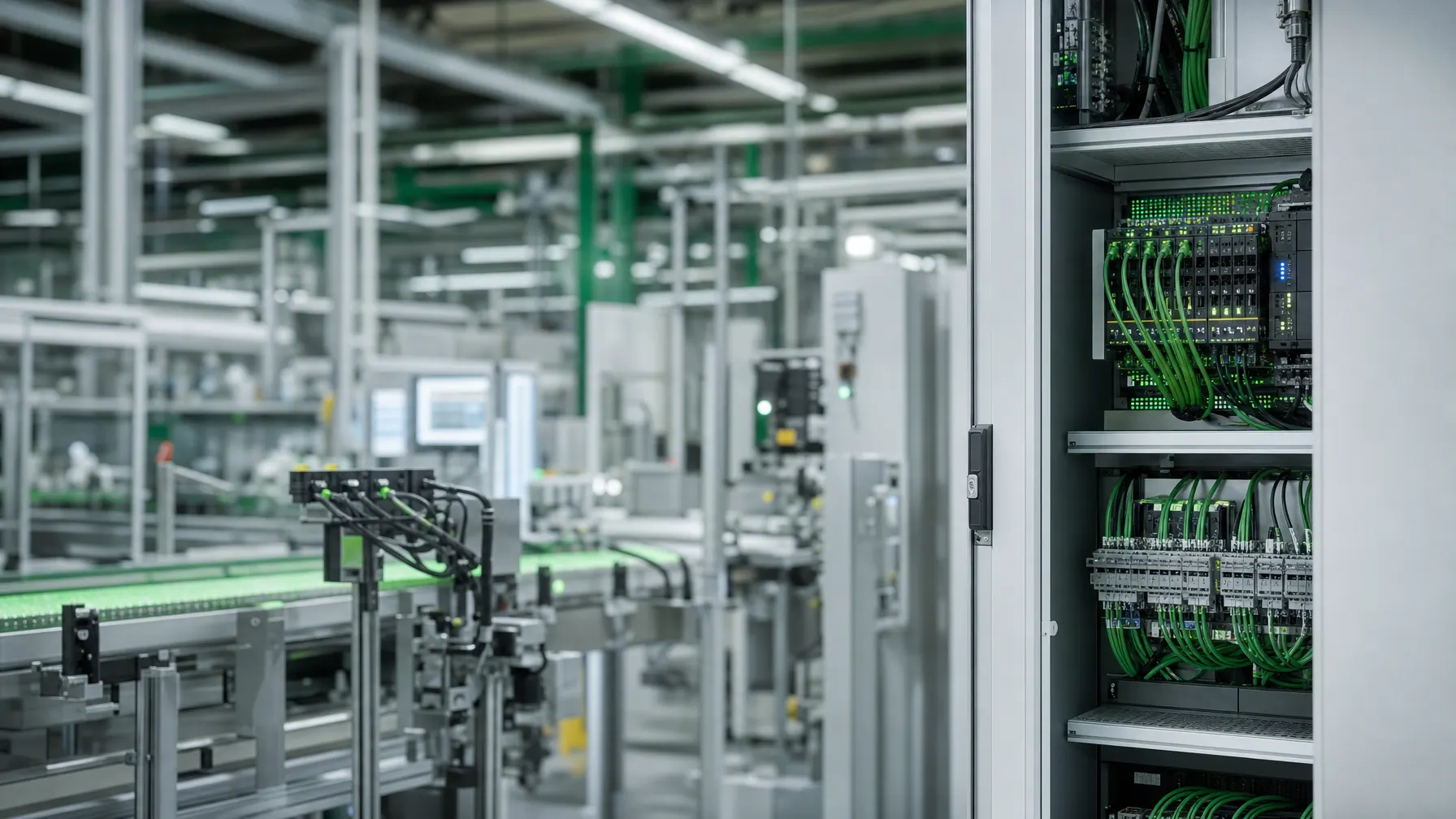 Vernetzte Produktionslinie in einer modernen Fertigungshalle
