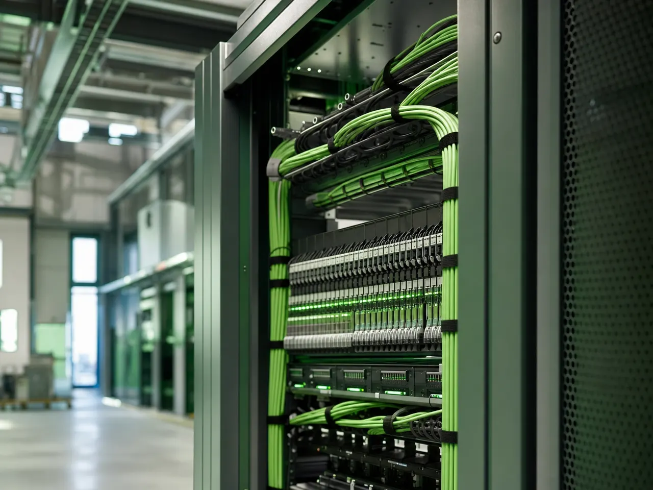 Robuster Netzwerk-Schaltschrank in einer Industriehalle mit sauberer Verkabelung