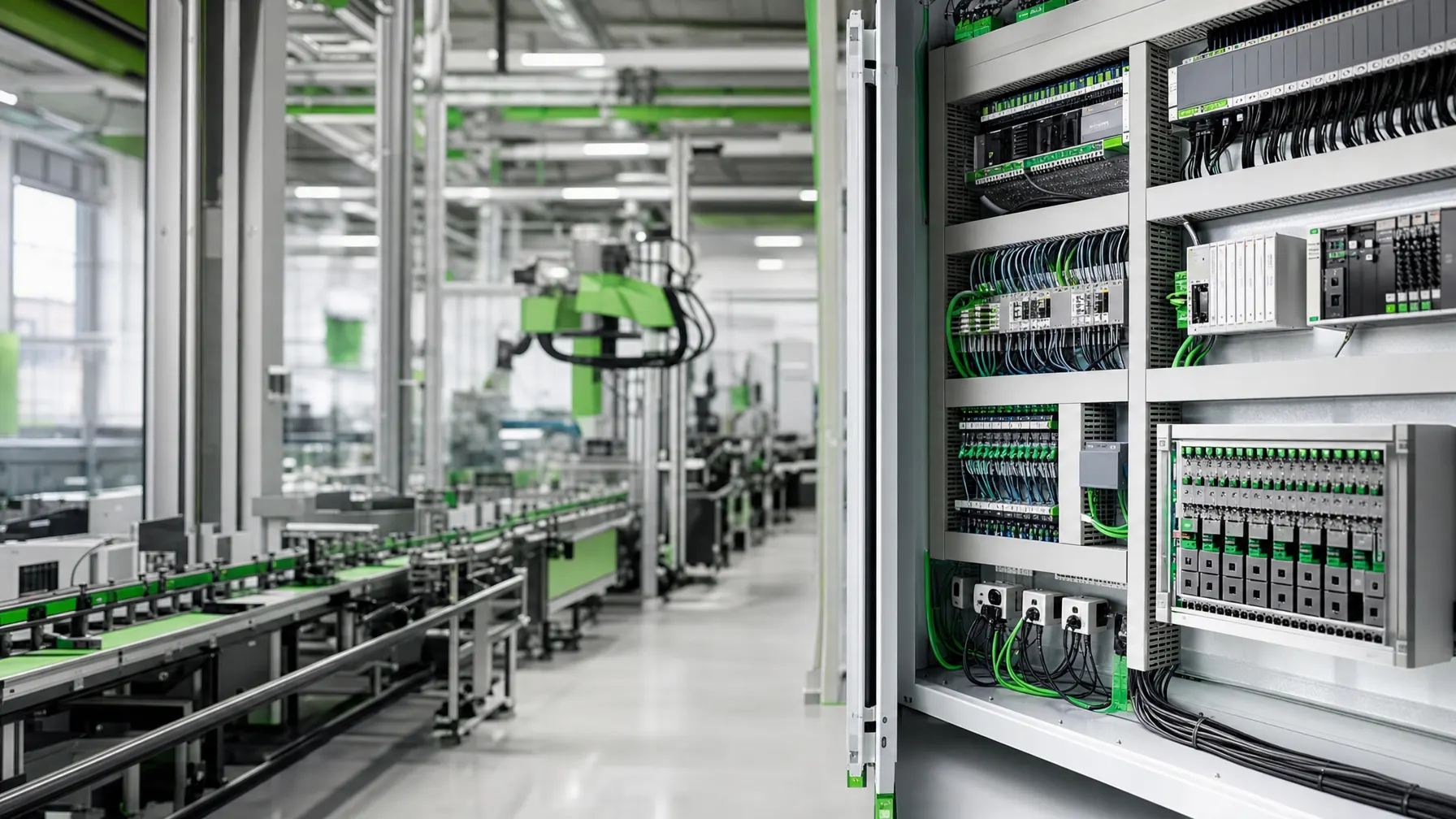 Moderne Fertigungshalle mit vernetzter Produktionslinie und Netzwerk-Schaltschrank