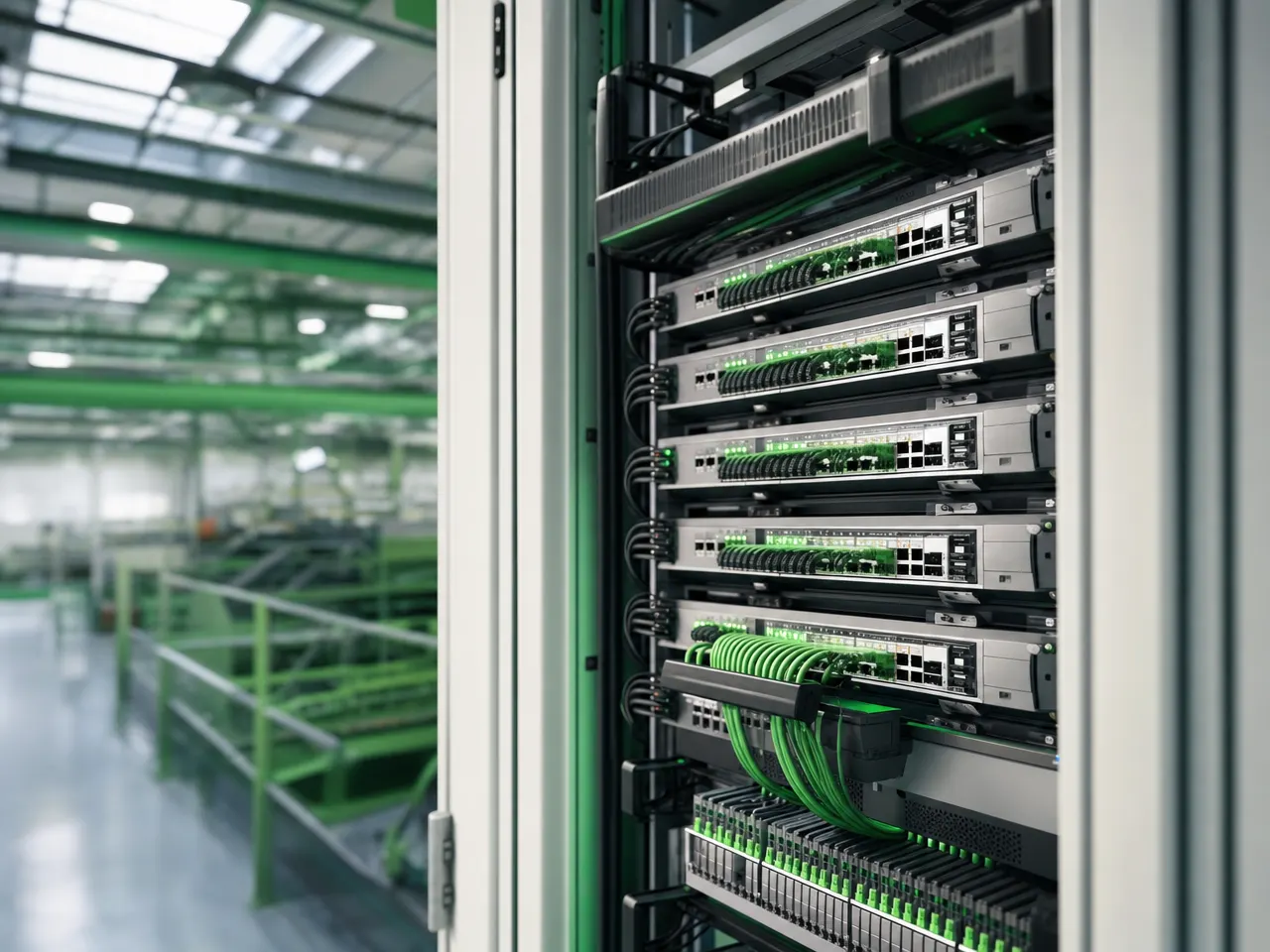 Netzwerk-Schaltschrank in einer Industriehalle mit sauber gelegter Verkabelung
