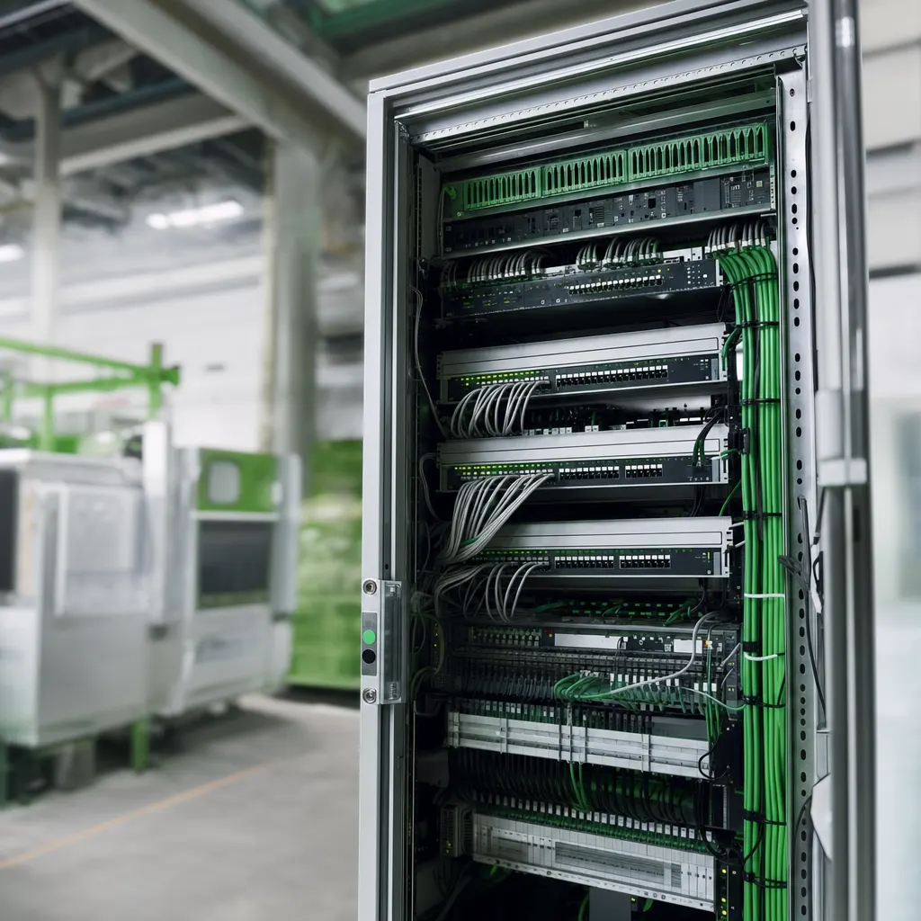 Netzwerk-Schaltschrank in einer Industriehalle mit sauberer Verkabelung