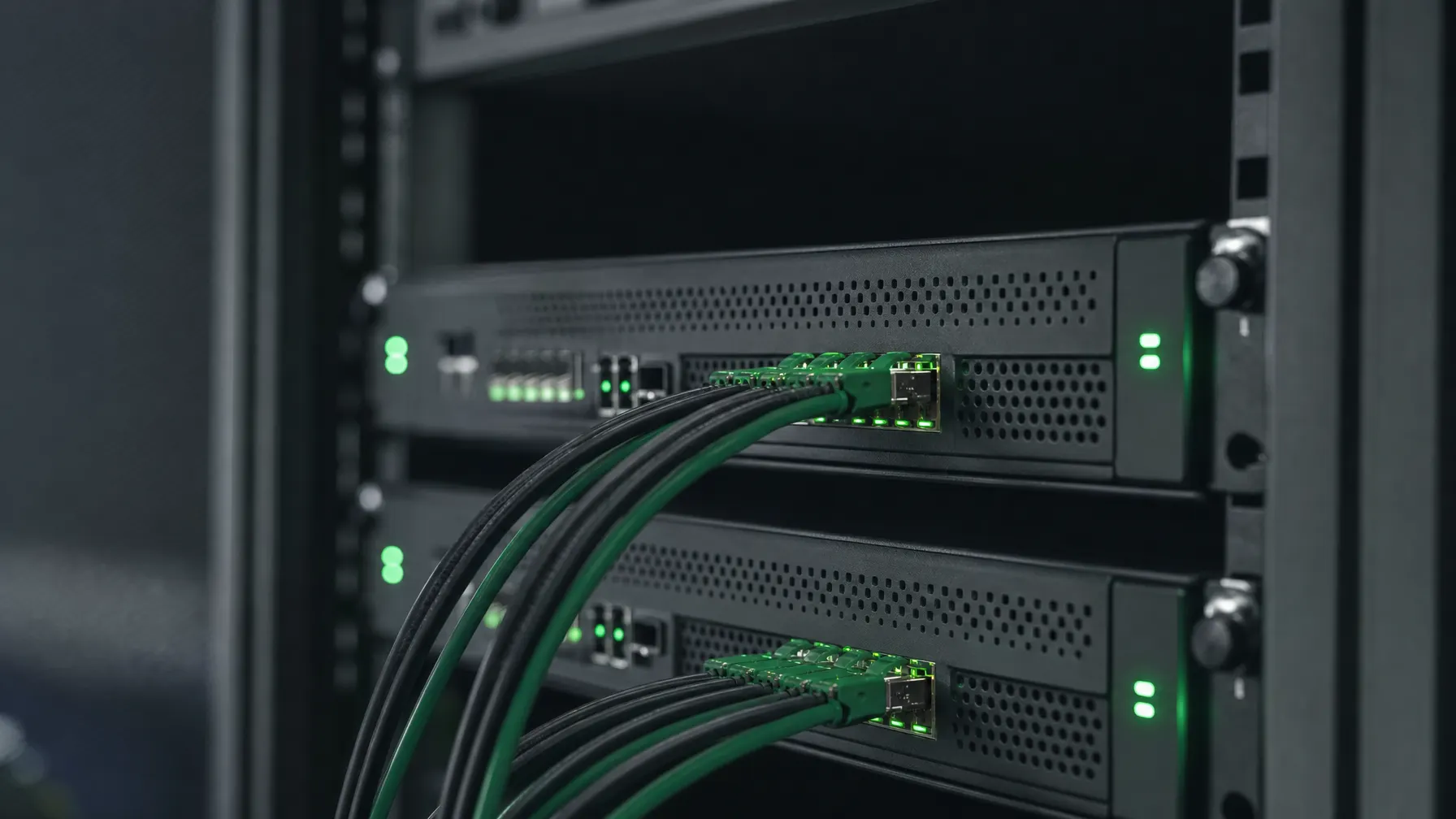 Zwei redundante Firewall-Appliances übereinander im Rack mit doppelt geführten Netzwerkleitungen