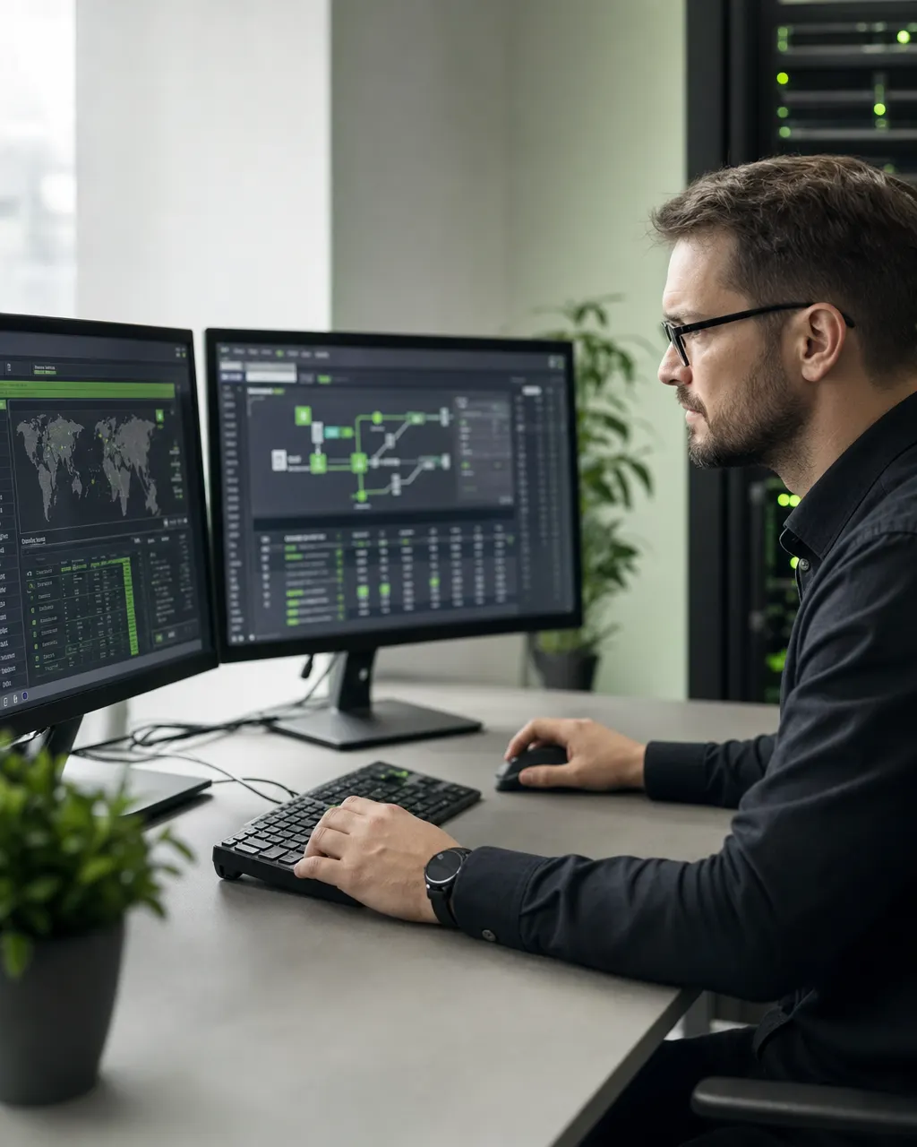 Netzwerkadministrator prüft Firewall-Regeln an einem Arbeitsplatz