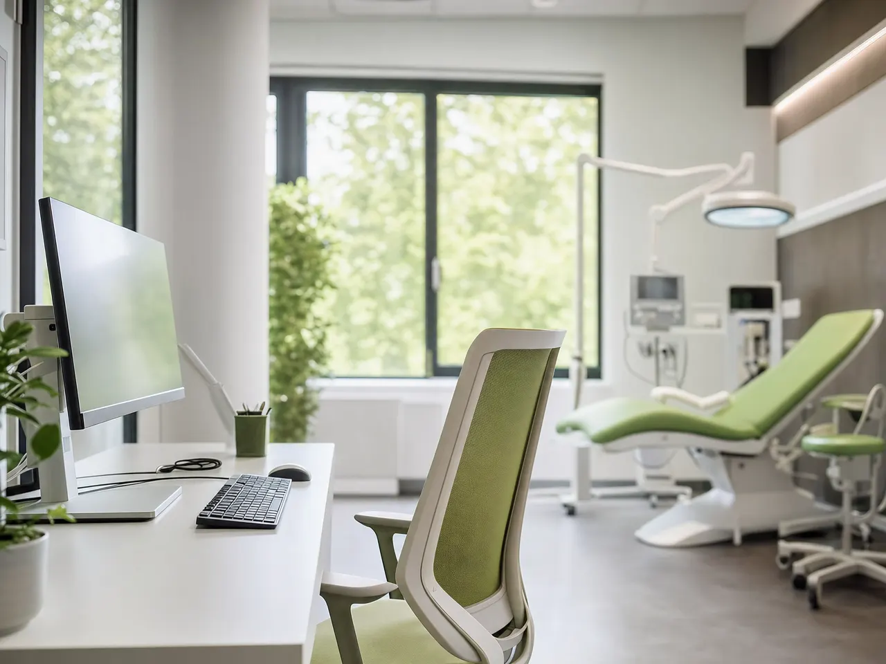Behandlungsraum mit Computerarbeitsplatz und medizintechnischen Geräten