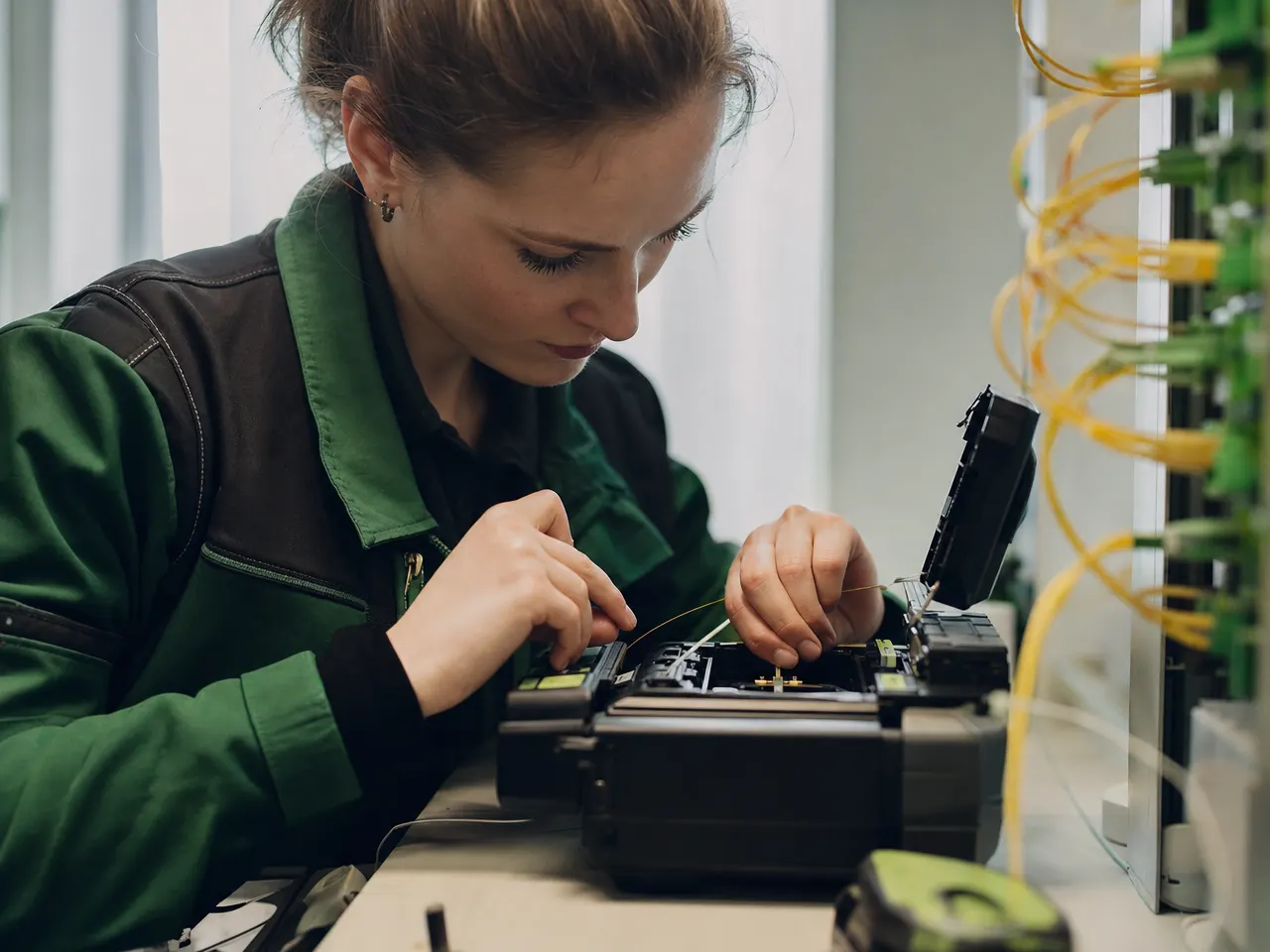Technikerin prüft eine Glasfaserstrecke mit einem Messgerät