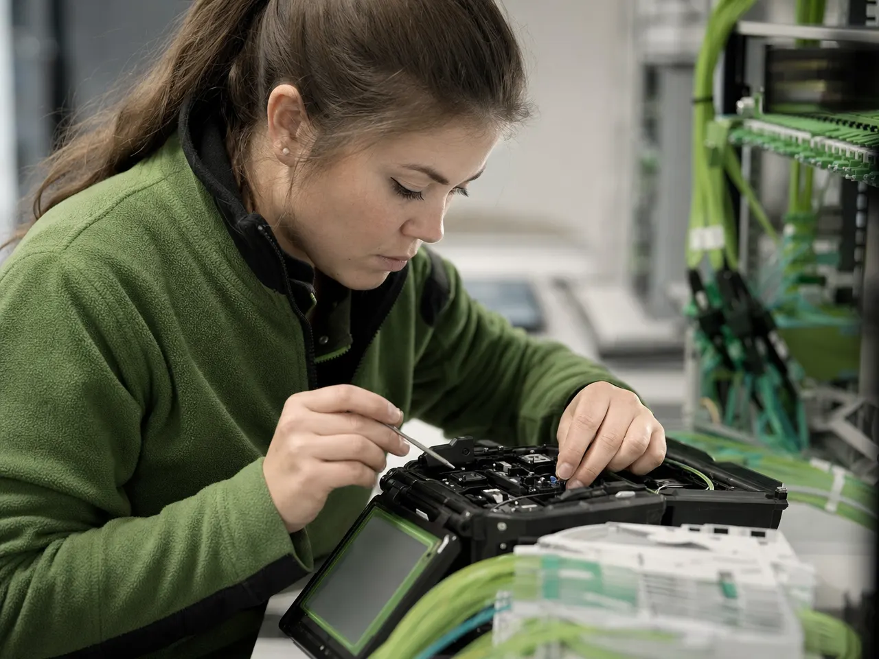 Technikerin spleißt Glasfaserkabel mit einem Spleißgerät