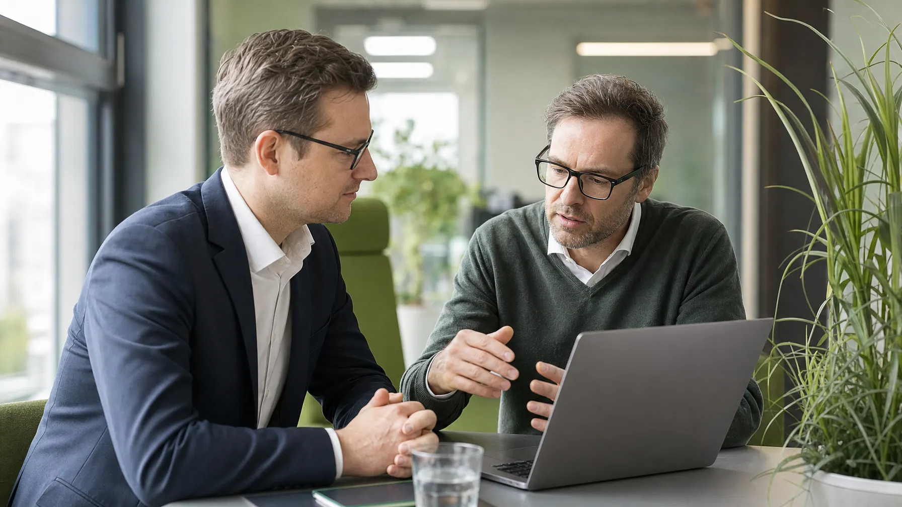 IT-Berater und Kunde besprechen ein Projekt vor Ort im Unternehmen