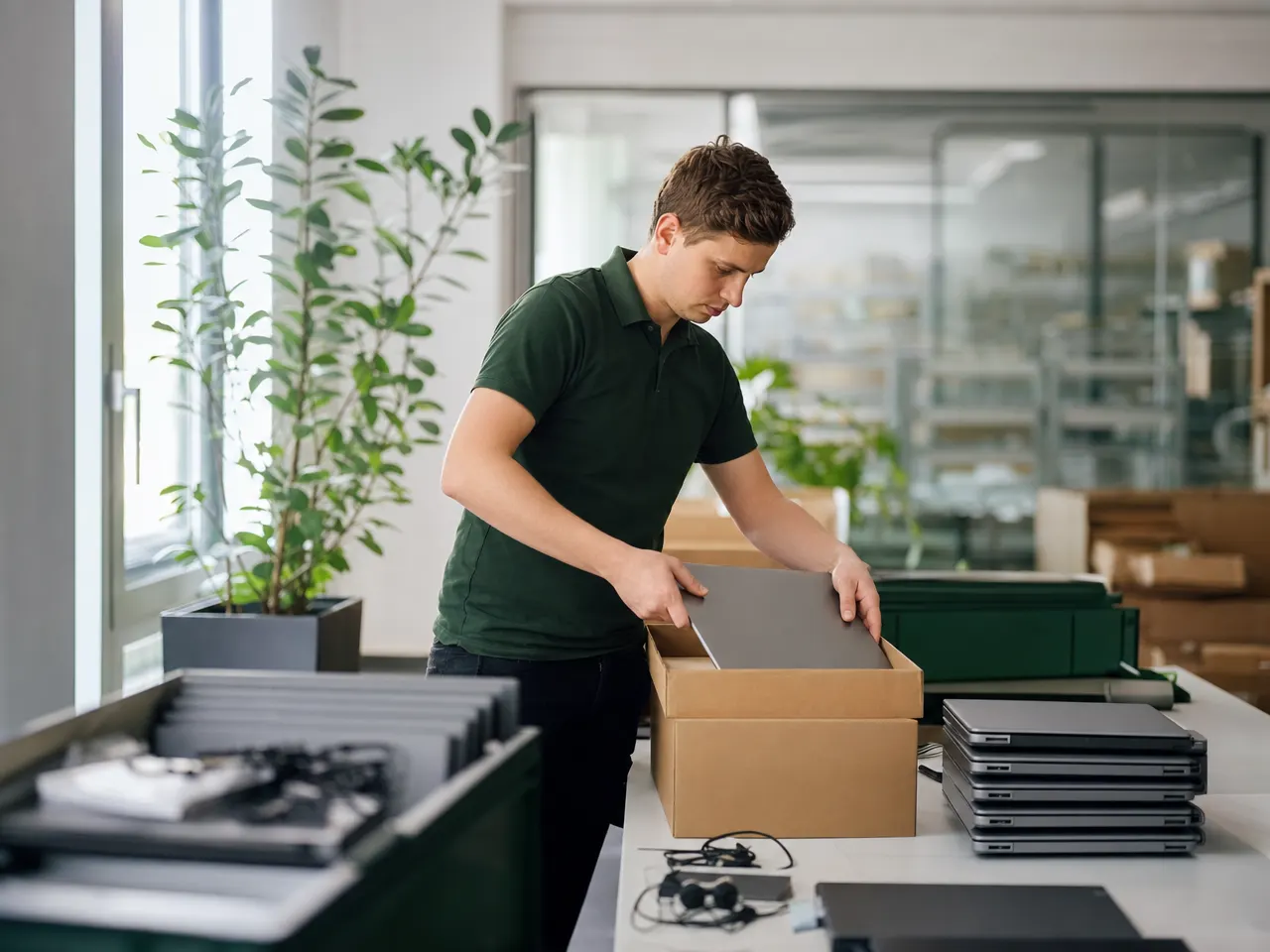 Neue IT-Geräte werden für die Auslieferung an ein Unternehmen vorbereitet
