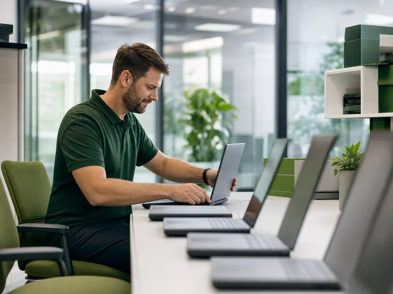 IT-Techniker richtet neue Notebooks für Mitarbeitende ein