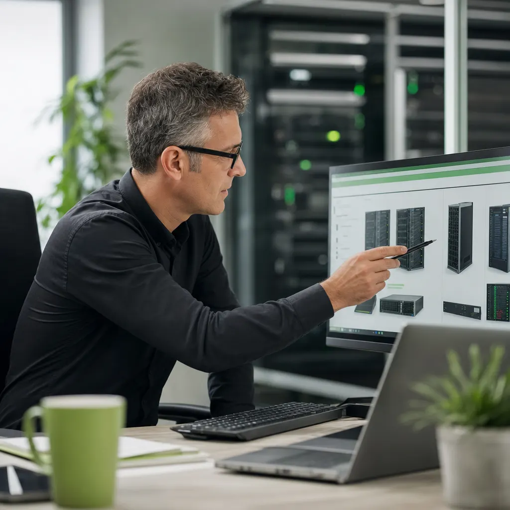 IT-Berater vergleicht Hardware-Optionen für Arbeitsplätze am Bildschirm
