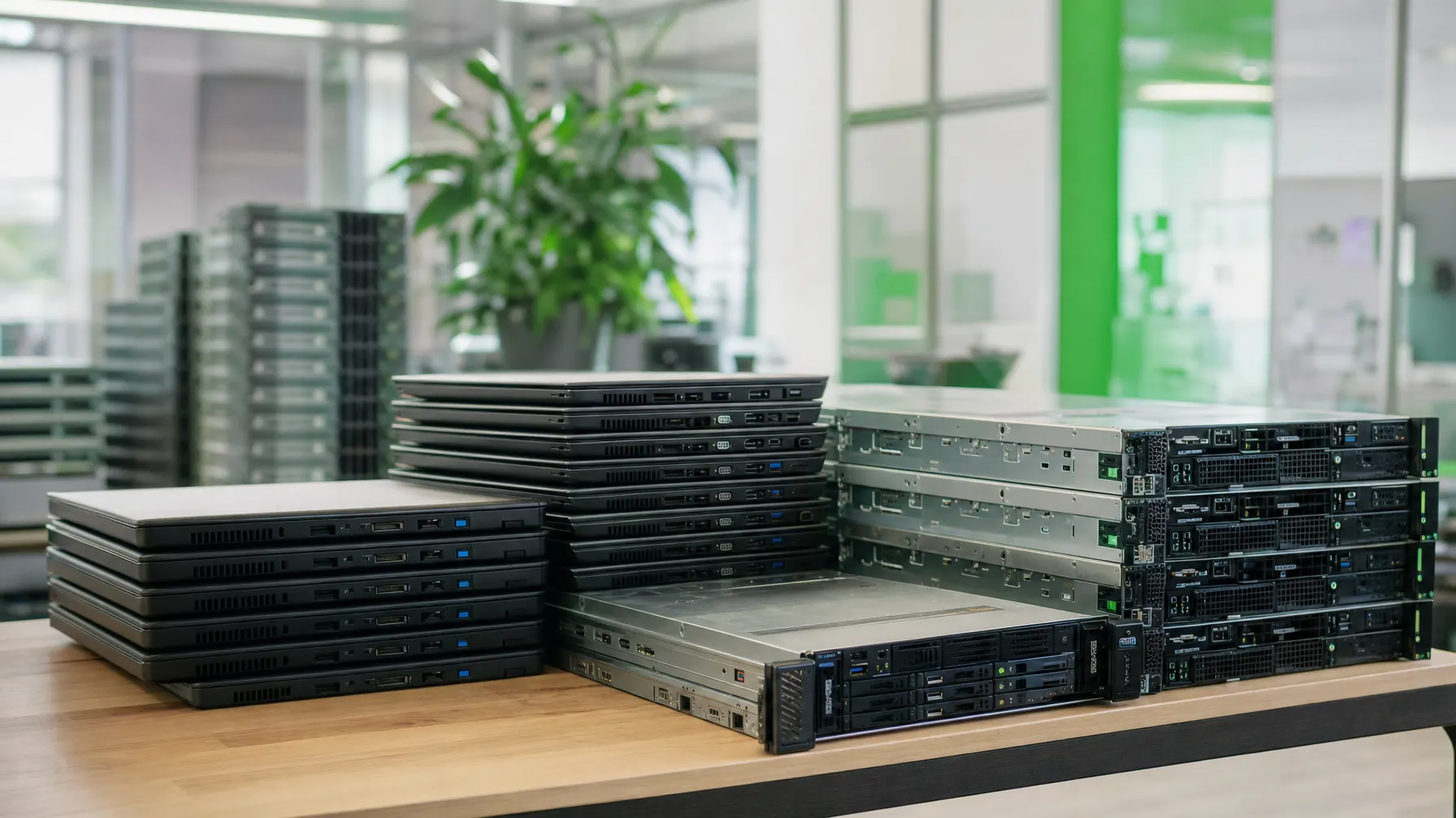 Gebrauchte Business-Notebooks und Serverhardware ordentlich gestapelt im Lager