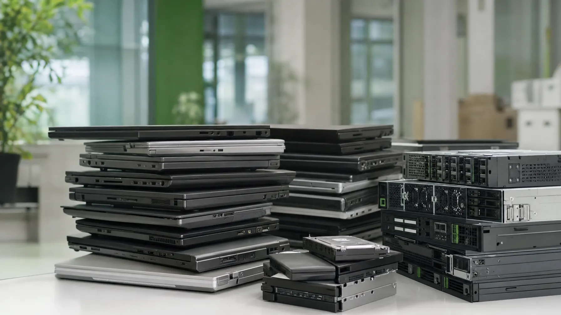Gebrauchte Business-Notebooks und Serverhardware zur Ankaufsbewertung gestapelt