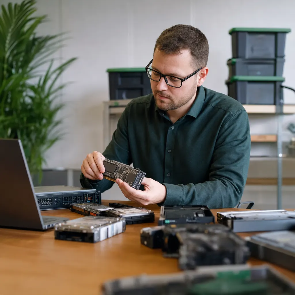 IT-Fachmann bewertet gebrauchte Notebooks und Bildschirme am Tisch