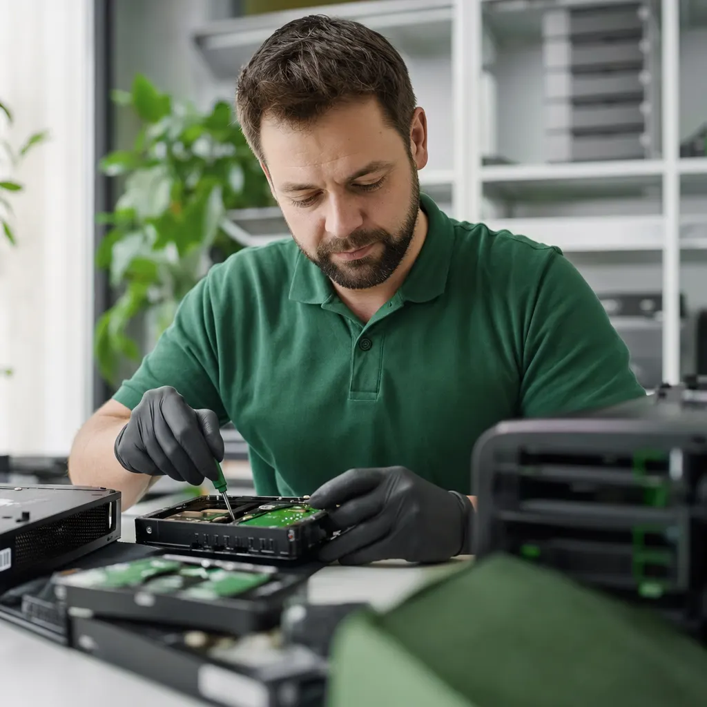 Ausgebaute Serverhardware und Speichersysteme im Technikraum