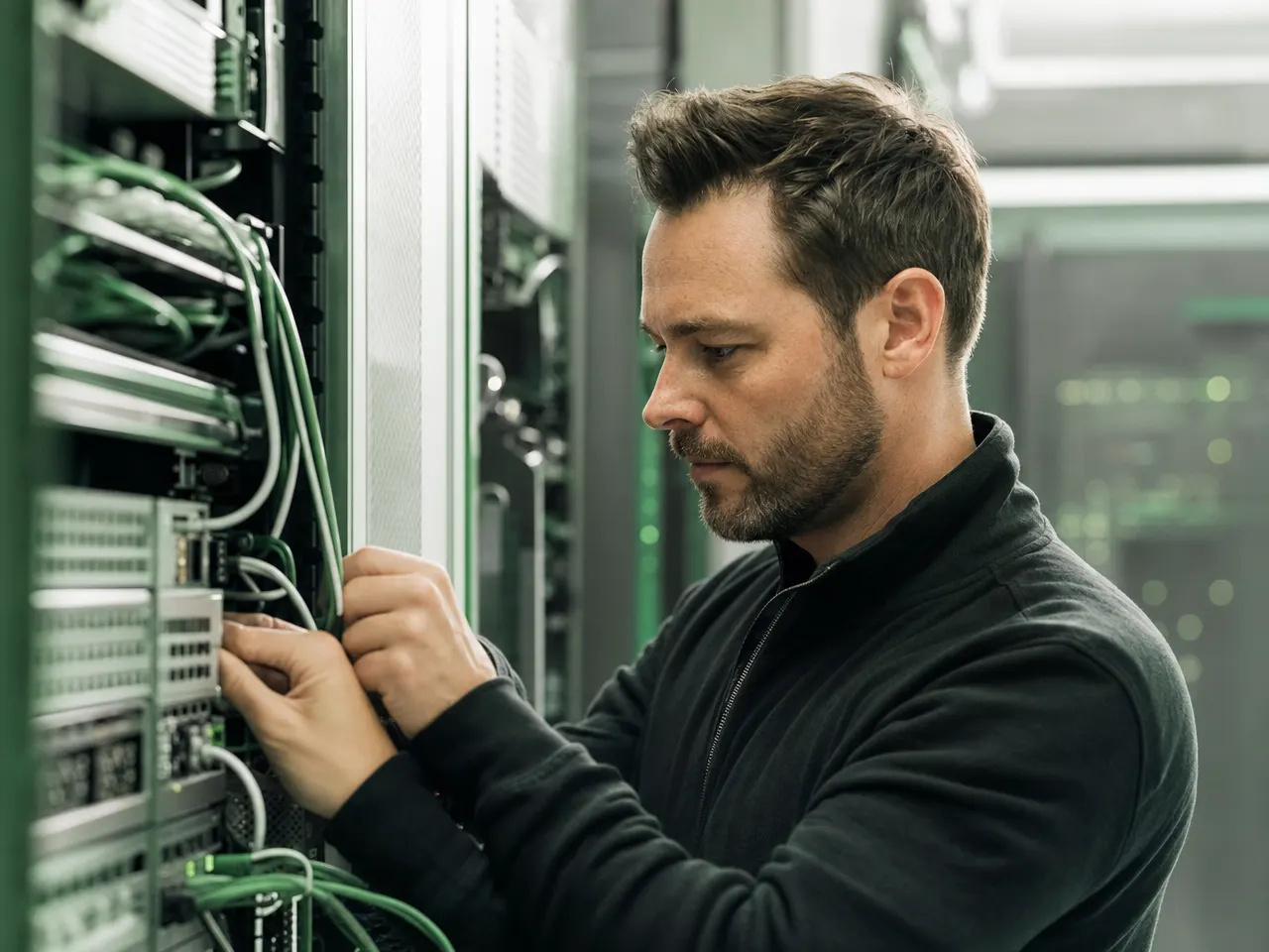 IT-Techniker prüft Server- und Netzwerktechnik im Rack mit Notizen