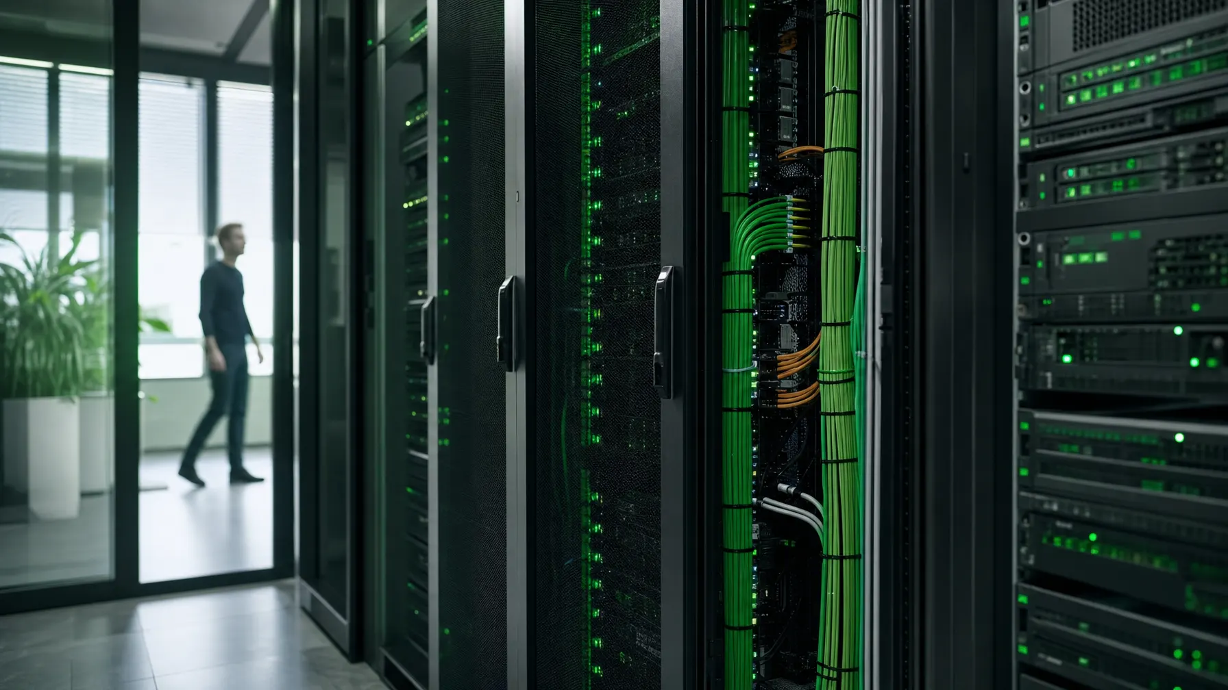 Moderner Serverraum mit Racks, sauberer Verkabelung und grünen Status-LEDs