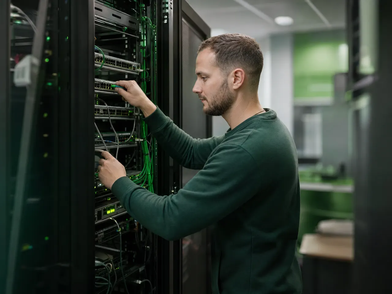 IT-Techniker arbeitet konzentriert an Servern und Netzwerktechnik im Rack